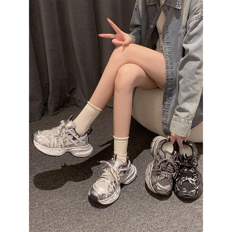 百搭款银色老爹鞋女款2025新款秋季黑色鞋子厚底休闲鞋增高运动鞋