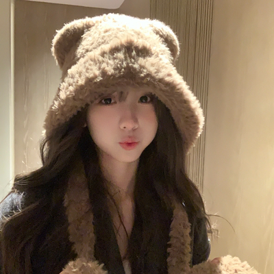 小熊耳朵毛绒帽子女秋冬季2025新款显脸小可爱保暖护耳针织雷锋帽