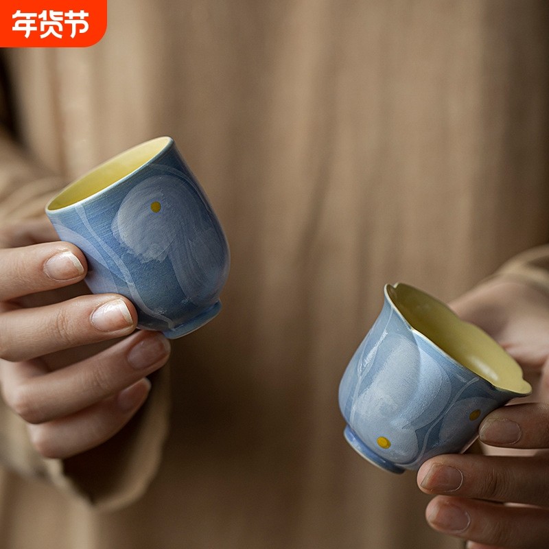诧寂风粉引手绘陶瓷茶杯纯手工粗陶花口品茗杯日式聚香闻香主人杯,餐饮具,茶杯,淘宝优惠券,粉丝福利购,淘宝优惠卷