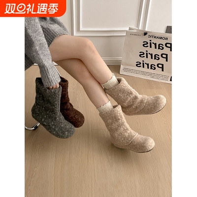 内增高加绒雪地靴女款2025冬季保暖毛毛勃肯棉鞋灰色防水防滑中筒