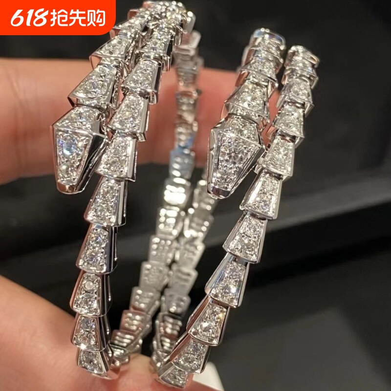 蛇形手镯女镀银18K玫瑰金满钻蛇骨蛇头简约开口手环镶钻款多圈