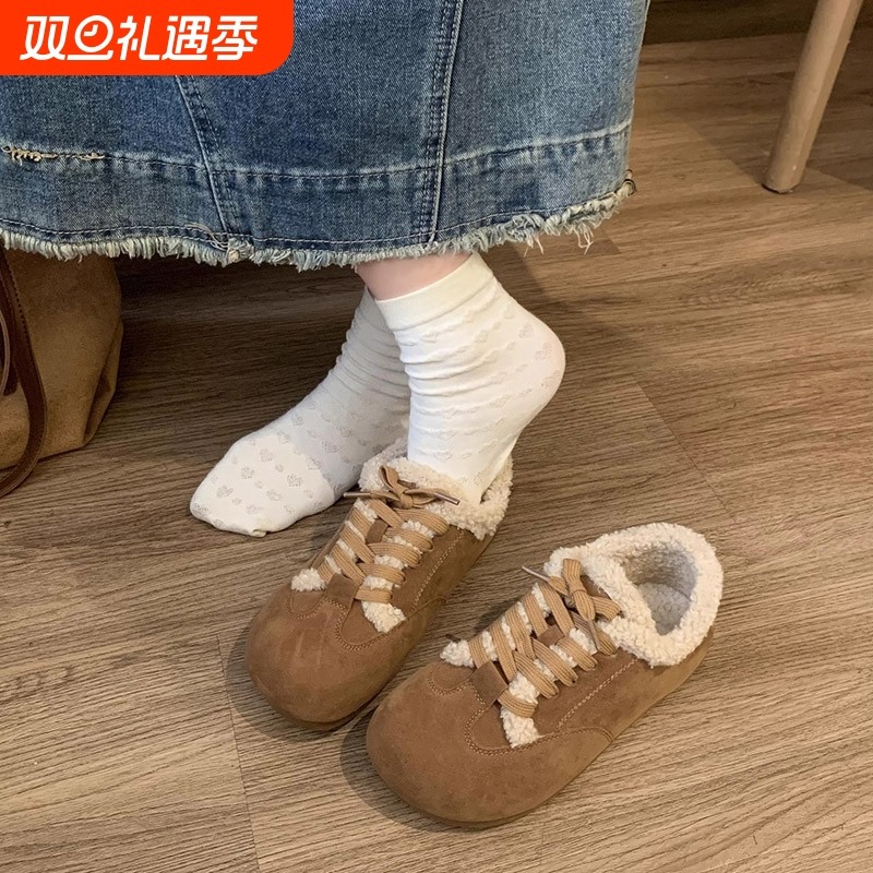 平底毛毛鞋保暖棉鞋女2025秋冬季新款复古加绒勃肯鞋毛绒内增高