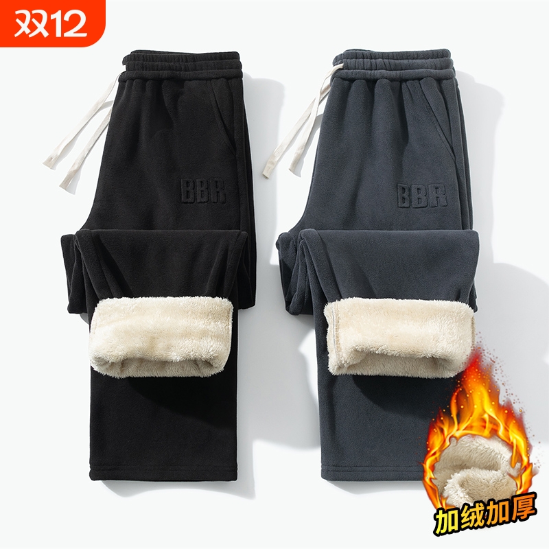 羊羔绒抽绳长裤子男款加绒加厚秋冬季宽松男士直筒裤休闲运动卫裤