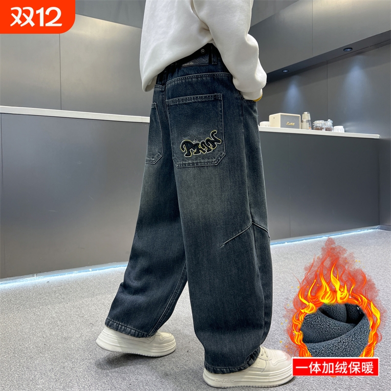 男童一体绒牛仔裤2025冬季儿童男孩宽松老爹裤中大童加绒加厚长裤