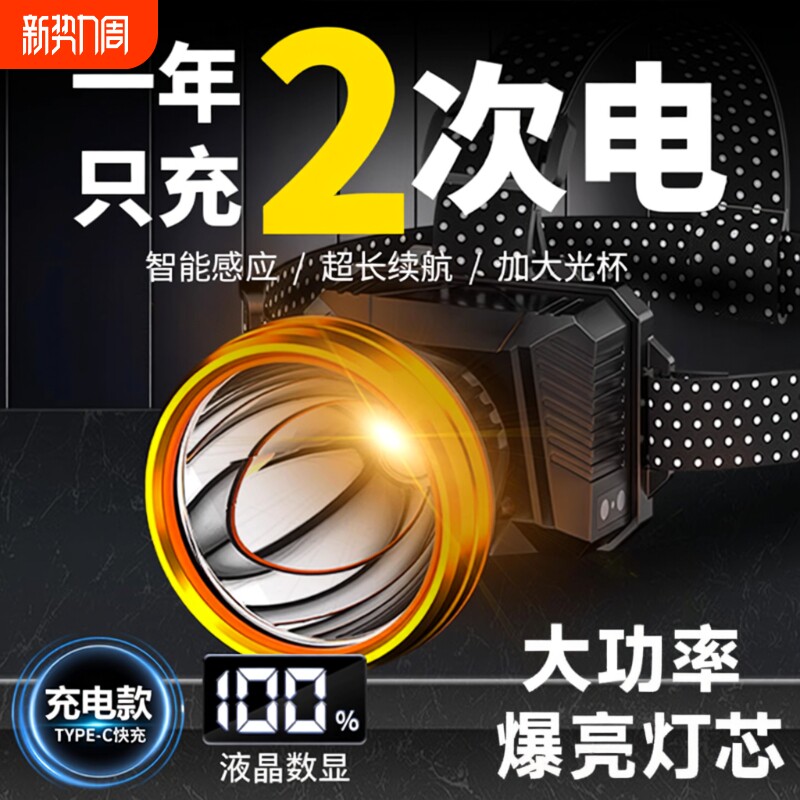 公牛适用头灯2025新款强光超亮头戴式强光充电户外登山钓鱼专用灯