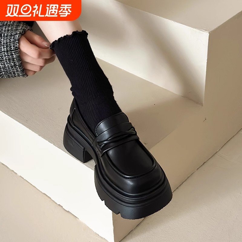 英伦风厚底乐福鞋女2025春秋新款增高真皮jk小皮鞋黑色一脚蹬单鞋