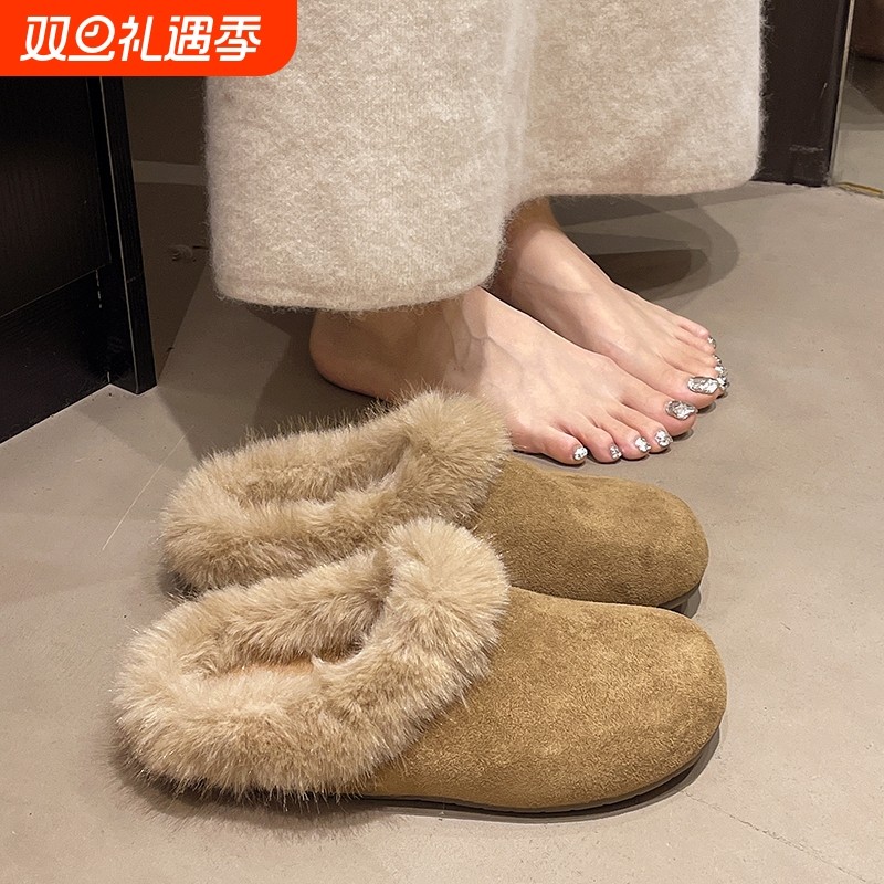 水貂毛毛勃肯半拖鞋女外穿2025新款秋冬季一脚蹬保暖懒人包头棉拖