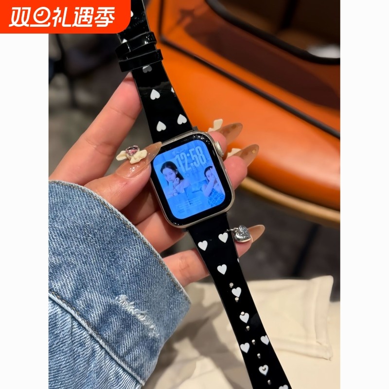 适用于小米手环9pro表带爱心漆皮小蛮腰皮红米watch6圣诞红