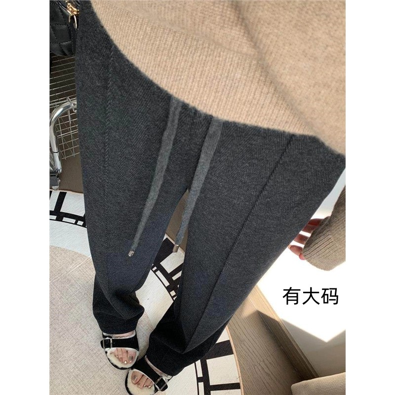 灰色毛呢直筒裤女秋冬新款加绒窄版垂感显瘦西装休闲阔腿长裤大码