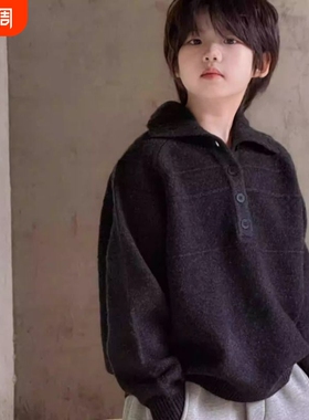 男童Polo领毛衣秋冬款2026中大童痞帅翻领上衣纽扣条纹灰色针织