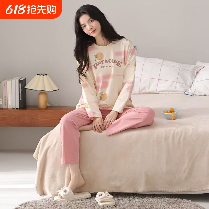 纯棉睡衣女纯棉春秋长袖长裤2025新款卡通女士带胸垫家居服套装