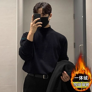 加绒半高领打底衫黑色男士保暖内搭秋冬季上衣加绒毛衣简约针织衫