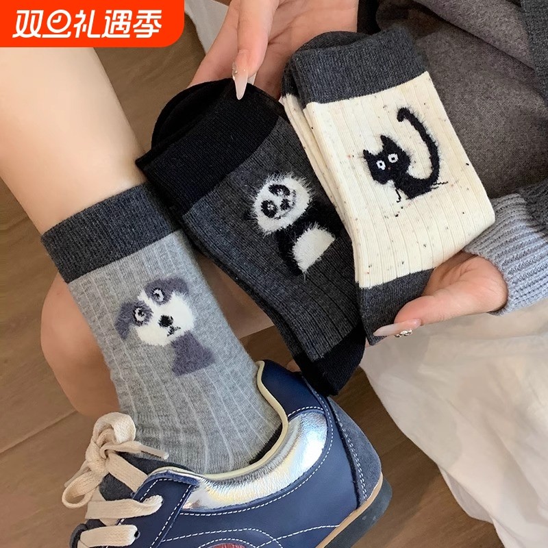 秋冬款卡通袜子纯棉女士可爱中筒袜日系秋冬猫咪植绒长袜优质时尚
