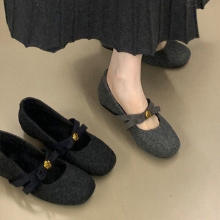 内增高灰色毛毛玛丽珍鞋女2025秋冬季新款蝴蝶结厚底加绒保暖棉鞋