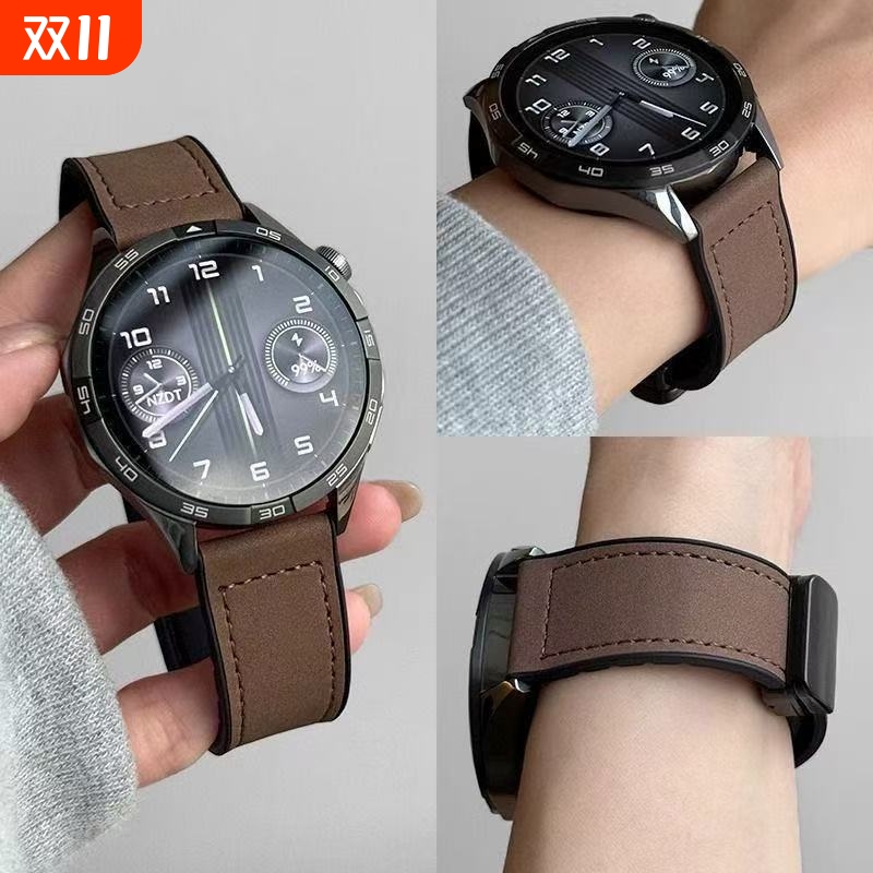 适用华为gt3表带GT5疯马纹皮质watch3pro手表gt4新款pro男款watchgt5磁吸真皮智能4pro运动gt女2男buds秋冬款