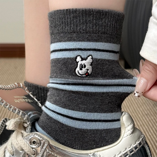 条纹袜子女中筒袜春秋灰色纯棉ins日系卡通可爱小狗无骨长袜韩系