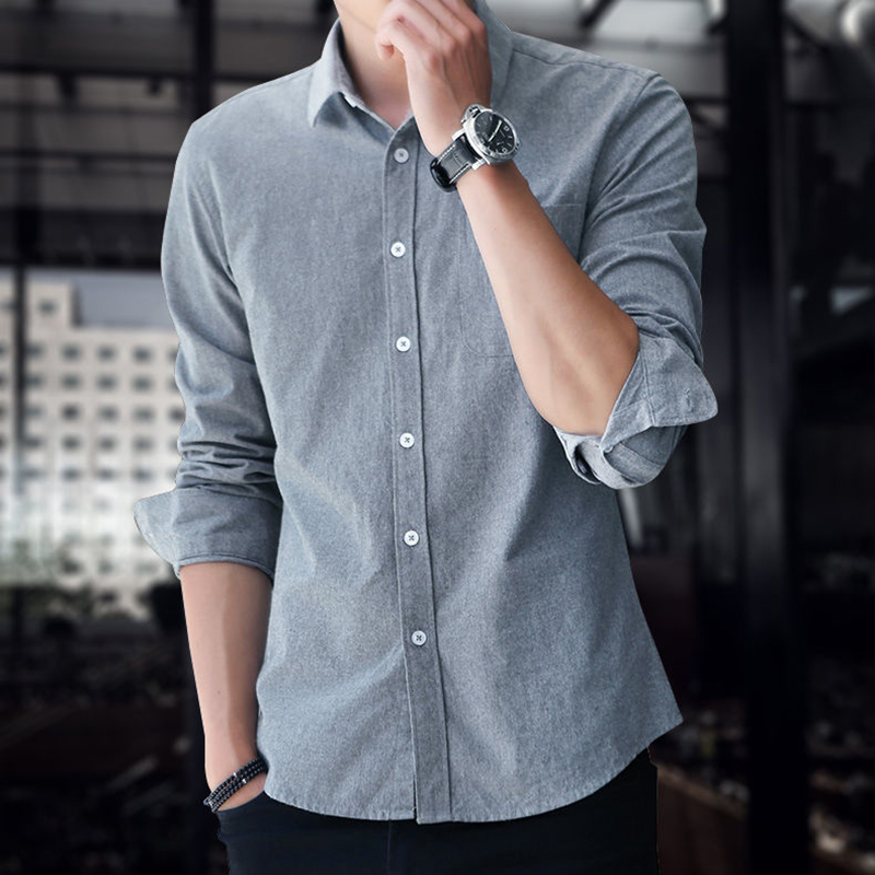 秋季棉质休闲衬衫男长袖韩版潮流帅气百搭牛津纺衬衣男士秋装外套