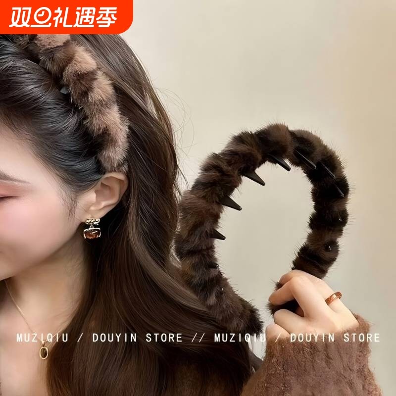 韩系复古豹纹带齿毛绒发箍女防滑洗脸发卡化妆发饰头箍2024年秋冬