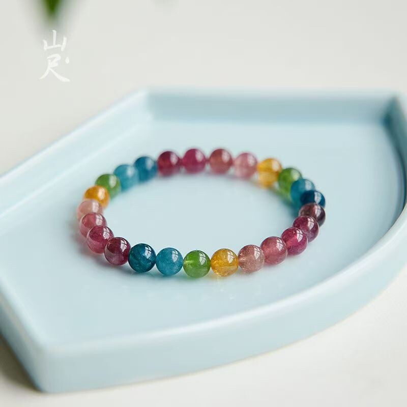 天然糖果碧玺手链女 老矿西瓜碧玺彩虹马卡龙单圈水晶手串送礼