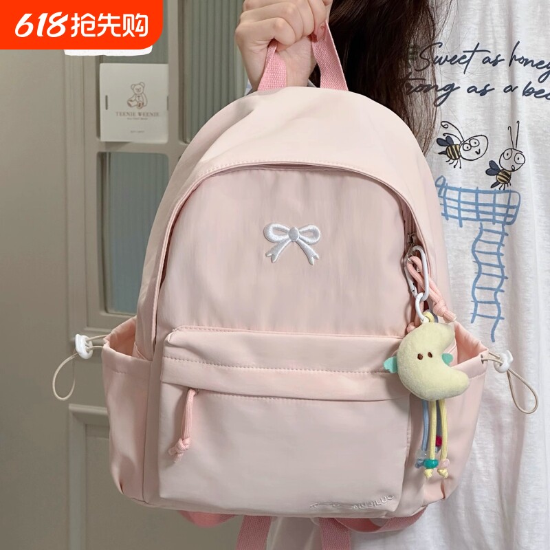 日系ins纯色简约小背包高颜值轻便中学生书包百搭双肩包蝴蝶结