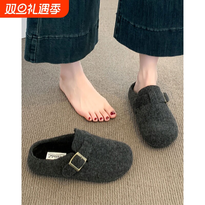 灰色毛毡勃肯鞋半拖女2025新款秋冬加绒一脚蹬懒人外穿包头棉拖鞋