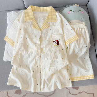 ins可爱睡衣女夏季新款波点短袖短裤时尚格子家居服外穿轻松熊