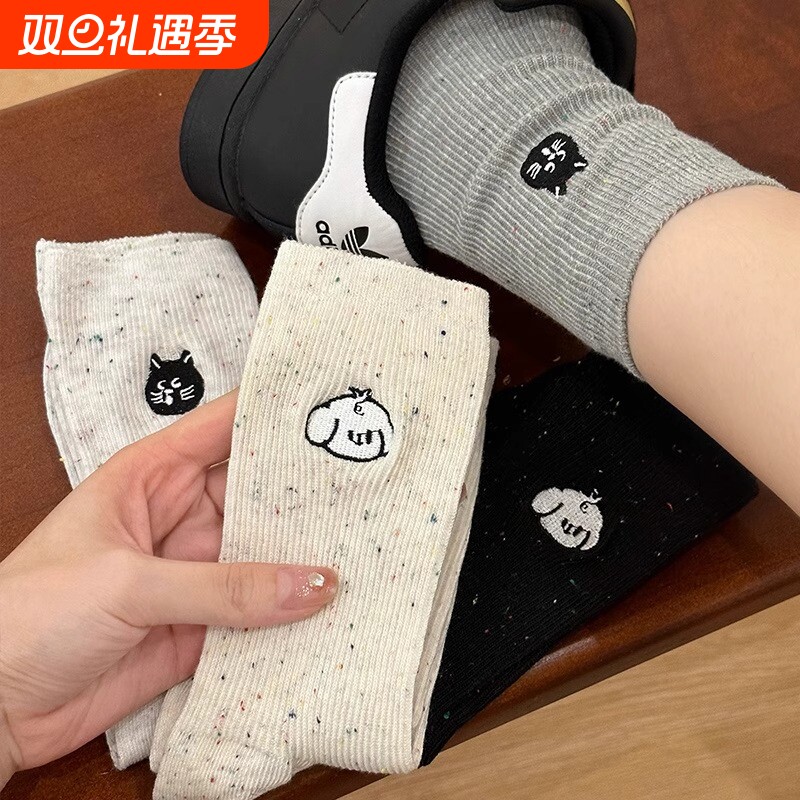 灰色袜子女款秋冬季中筒袜女士长筒袜纯色无骨卡通可爱堆堆袜长袜