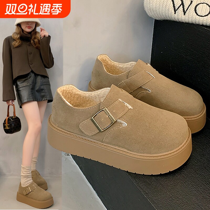 勃肯鞋女单鞋加绒2025年秋冬新款厚底小个子一脚蹬乐福鞋驼色休闲