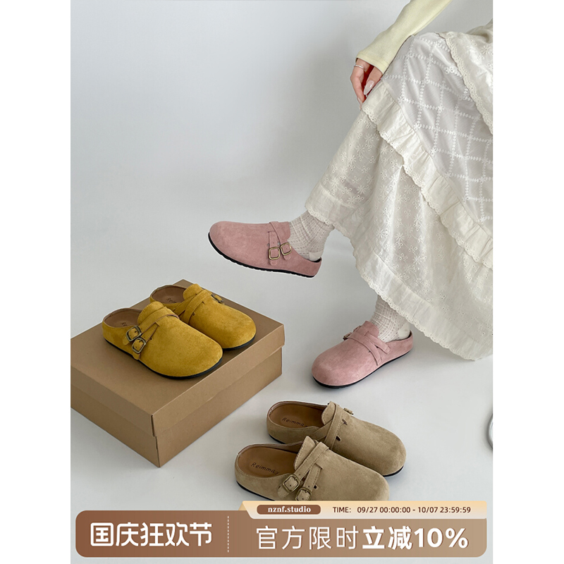 黄色复古厚底内增高包头拖鞋女秋外穿2025新款配裙子半拖勃肯鞋子