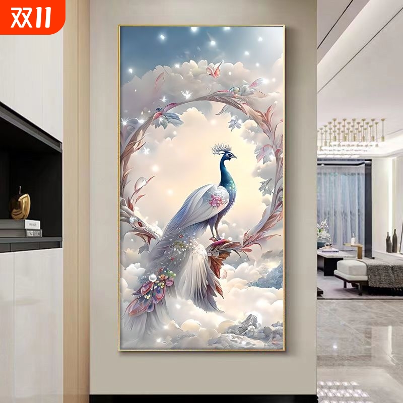 新中式孔雀入户玄关装饰画走廊过道竖版画镶钻现代高档装饰画图片