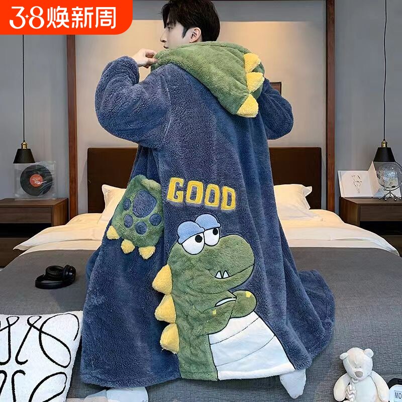 缇男士睡衣睡袍秋冬珊瑚绒加厚加绒恐龙情侣长款绒类套装可外穿