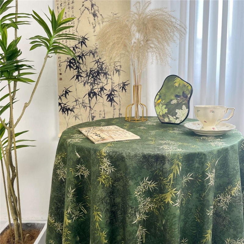 涧影竹摇流苏印花新中式桌布古典雅致餐桌布长方形茶几圆桌台布