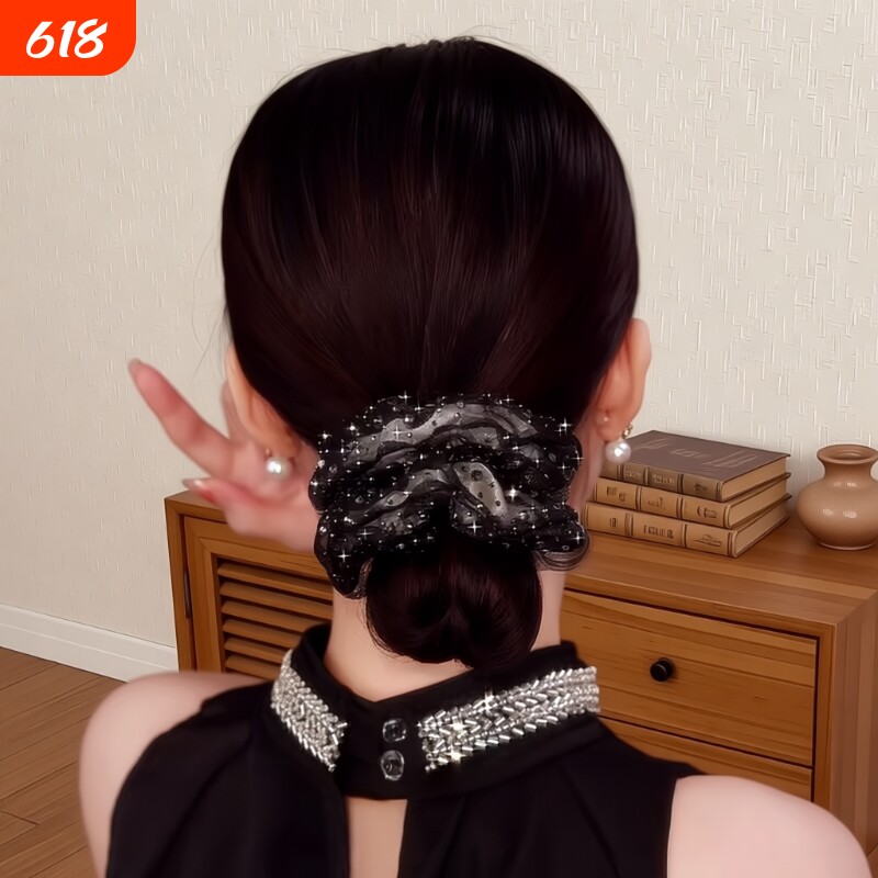 欧根纱大肠发圈女时尚百搭头绳高级皮筋发饰盘发黑色气质大气优雅