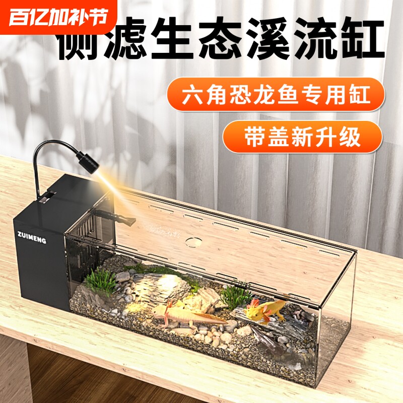 鱼缸六角恐龙鱼专用缸桌面造景蝾螈饲养缸一体成型溪流缸侧滤鱼缸