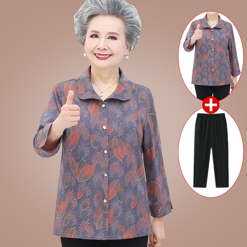 中老年春夏装女奶奶装外套秋季薄款套装妈妈长袖衬衫老太太衣服