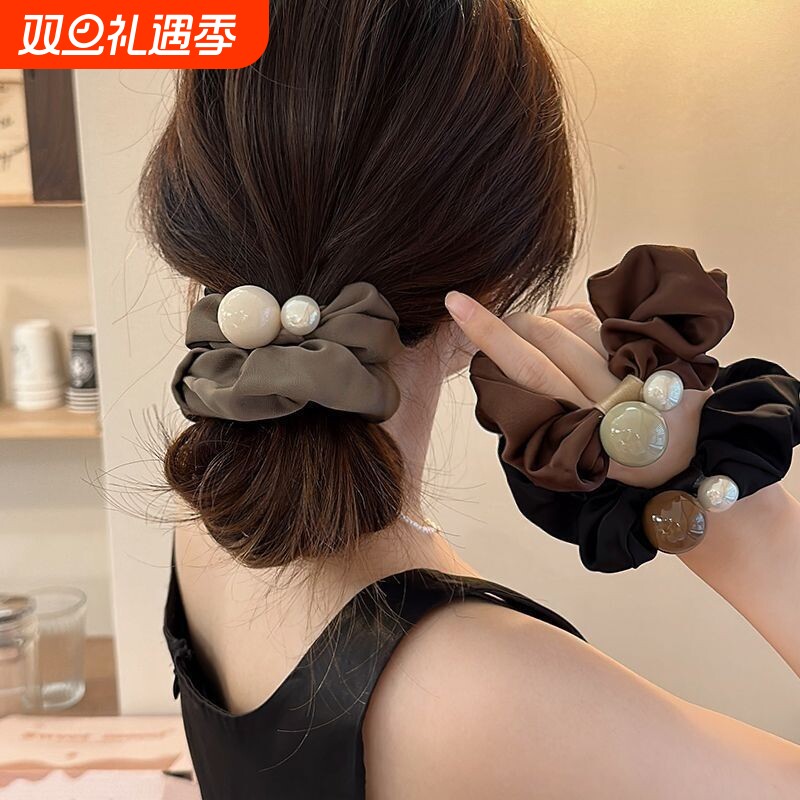 法式大肠小众设计珍珠缎面轻奢时尚发圈复古优雅高弹力头圈发饰