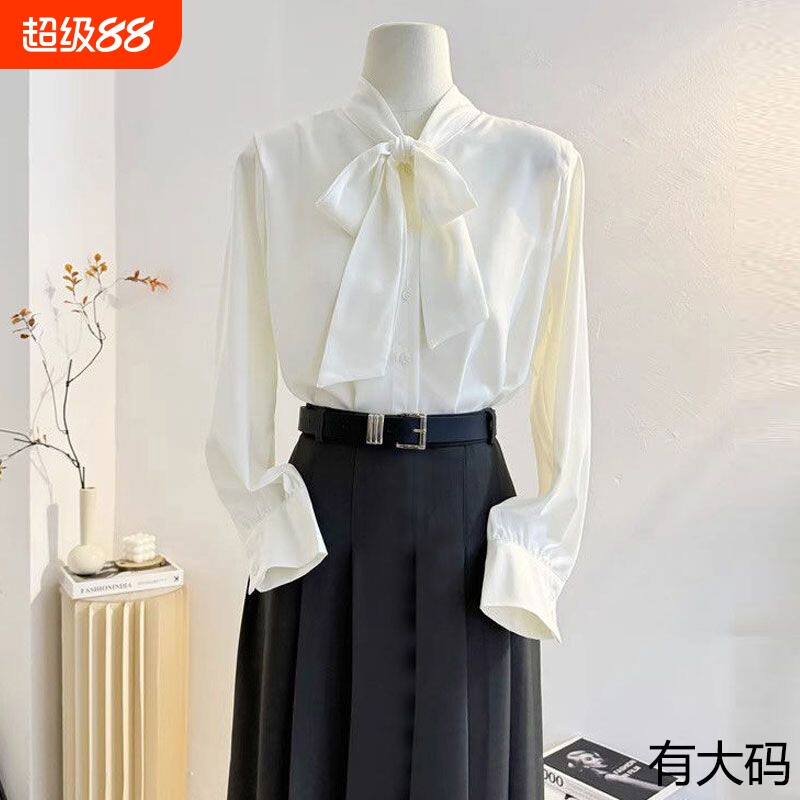 设计感小众蝴蝶结大码缎面白衬衫女2025新款春夏职业雪纺飘带上衣