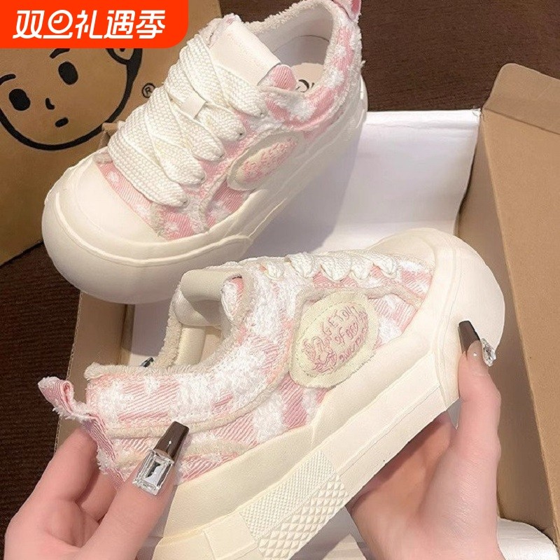 云朵鞋女2025春季新款厚底圆头小众设计帆布休闲板鞋女耐磨高帮