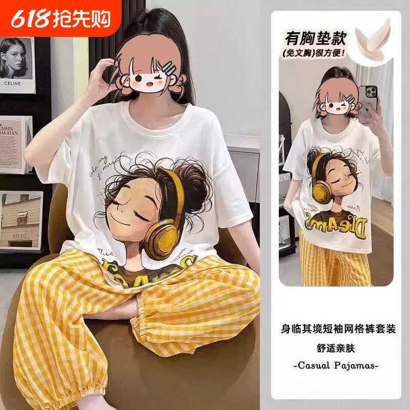 带胸垫睡衣女款2026新款夏季短袖长裤外穿卡通耳机女孩家居服套装