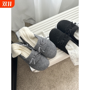 子 蝴蝶结单鞋 软萌百搭秋冬复古加绒勃肯鞋 女通勤百搭一脚蹬豆豆鞋