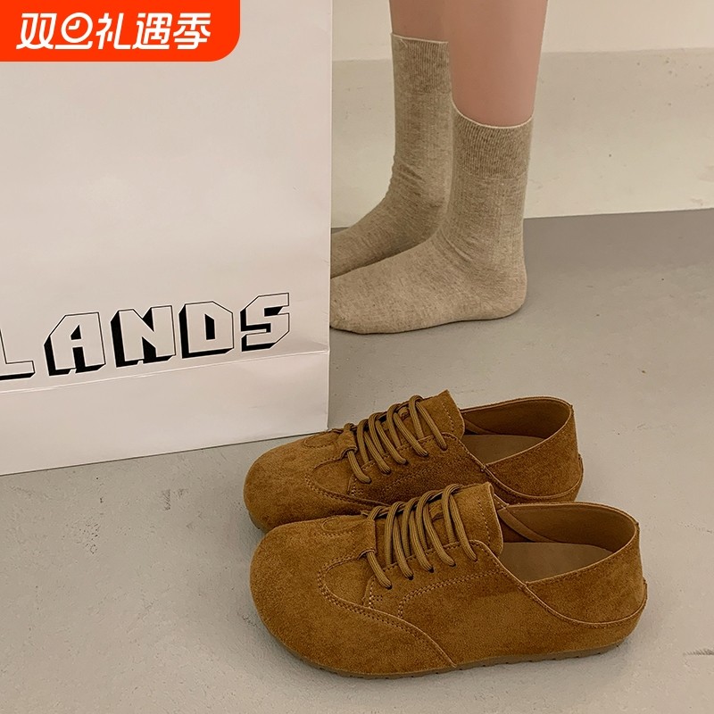 大头丑萌鞋女奶奶鞋两穿反绒皮软底单鞋平底圆头磨砂百搭棕色浅口