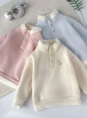 羊驼绒男女童外套加绒新款儿童时髦卫衣冬装中大童蓝色粉色秋冬