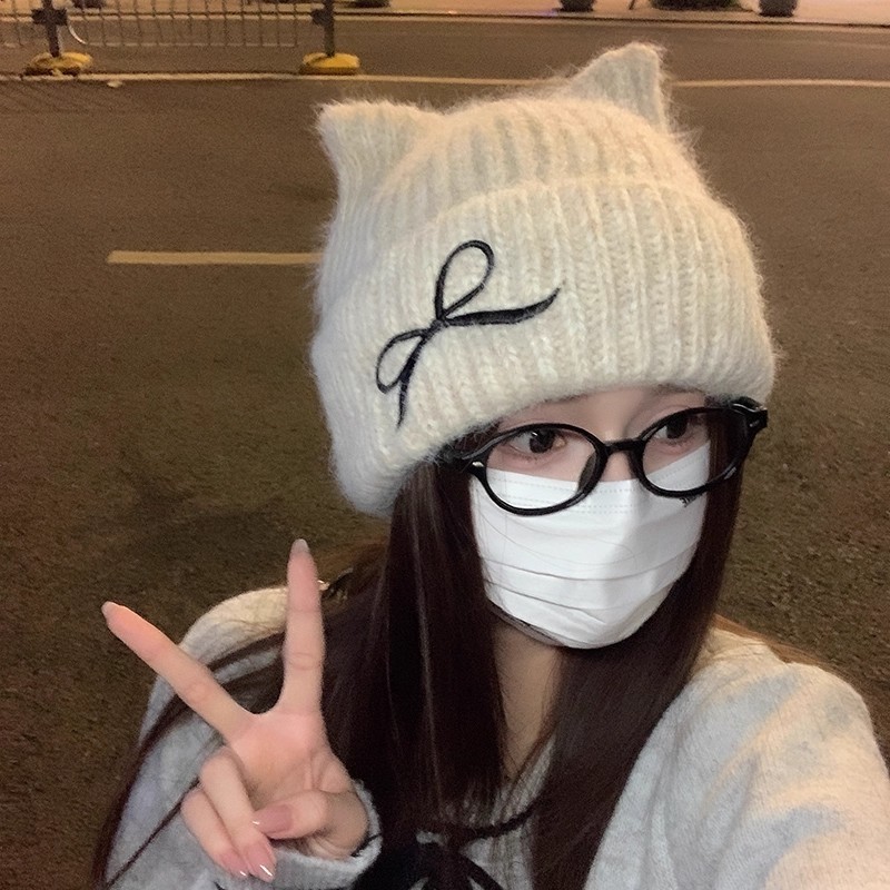 优选蓝色刺绣蝴蝶结毛线帽女秋冬季韩系含羊毛显脸小针织帽子护耳