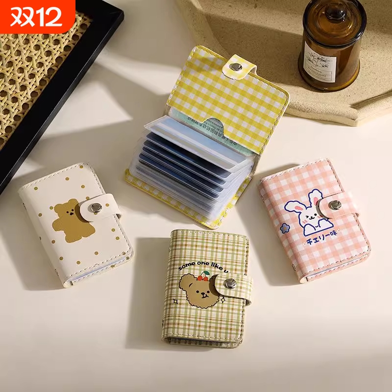 2025新款ins软妹风可爱卡通卡包女小熊格子皮质钱包防消磁零钱包
