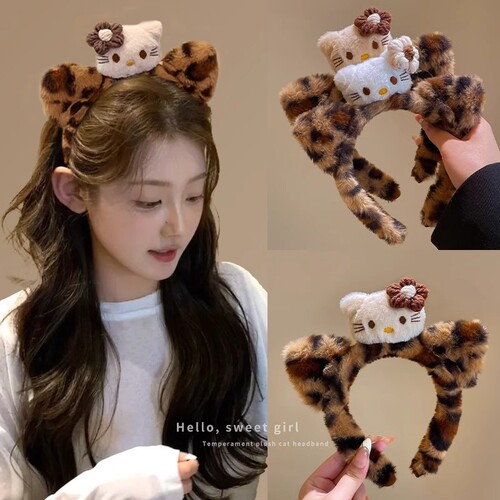 敷面膜洗脸kt猫发箍女2024新款可爱豹纹压发发卡秋冬毛绒头箍头饰