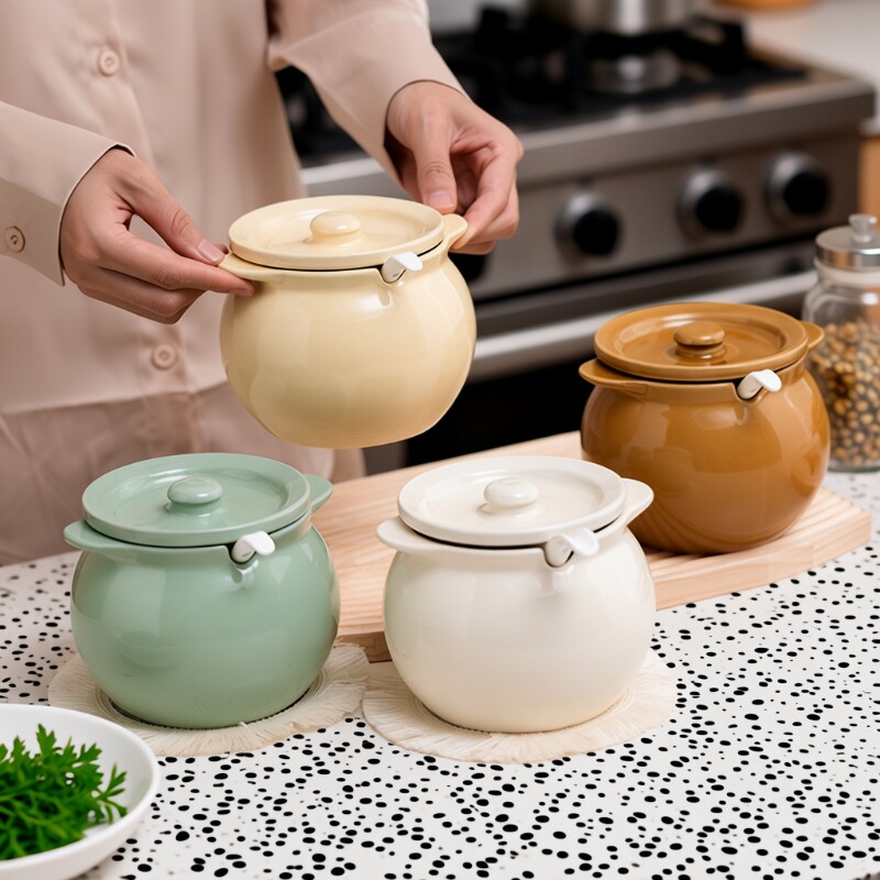 家用带盖耐高温陶瓷猪油罐厨房辣椒油罐油泼辣子专用调料盒带把手