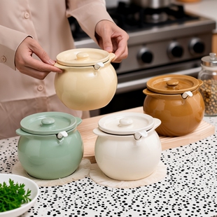 家用带盖耐高温陶瓷猪油罐厨房辣椒油罐油泼辣子专用调料盒带把手