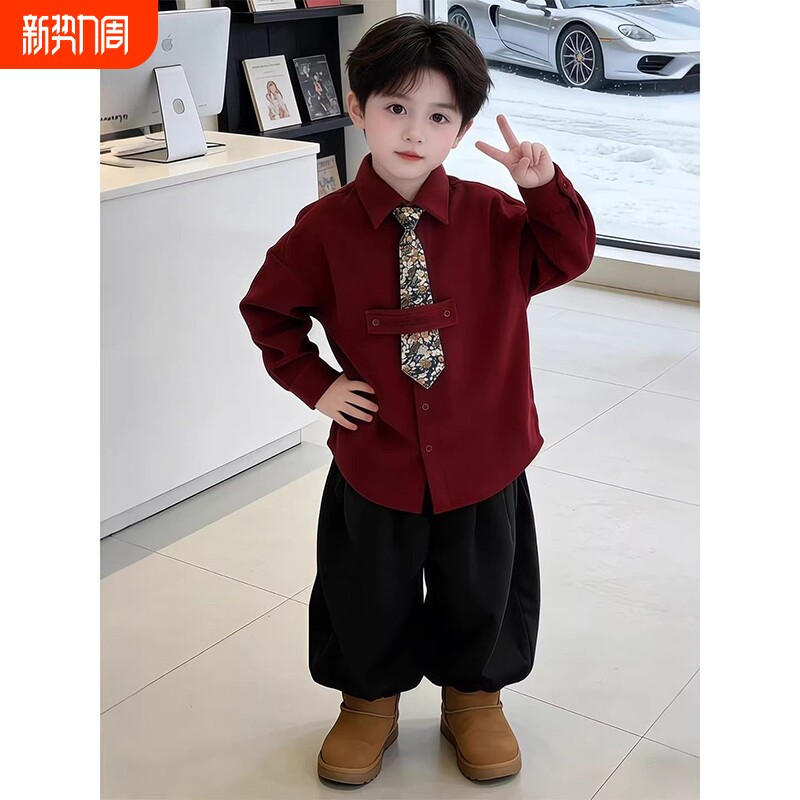 男童拜年服2026新款小男孩帅气加厚红外套儿童秋冬新年衬衫领带