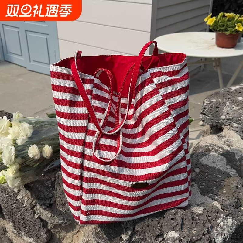 双面包帆布袋包包女式2025新款条纹韩托特包红色容量大单肩大容量