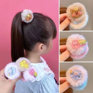 儿童发圈毛绒女童秋冬新款高弹力加粗伤发头绳小女孩马尾头饰花朵
